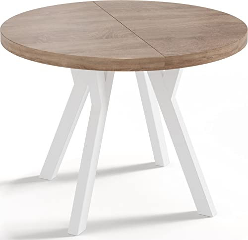 WFL GROUP Designer Runder Ausziehbarer Esstisch - Loft-Stil, Industriell, Platzsparend - Weiße Beine - 100 bis 150 cm - für 6-8 Personen - Hergestellt in EU - Eiche Sonoma - 150 cm