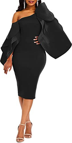 VERWIN Bodycon Dress for Woman Long Sleeve Knee-Length Ruffle Sleeve Off Shoulder Evening Dress L Black