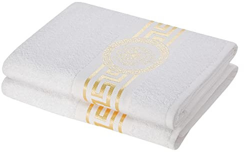 Belle Arti Premium Mäander Löwen & Amphore Handtücher Duschtücher Gästetücher Saunatücher Flauschige Frottee Baumwolle in verschiedenen Größen in Weiss und schwarz (2er Set - 100 x 150 cm, Weiss)