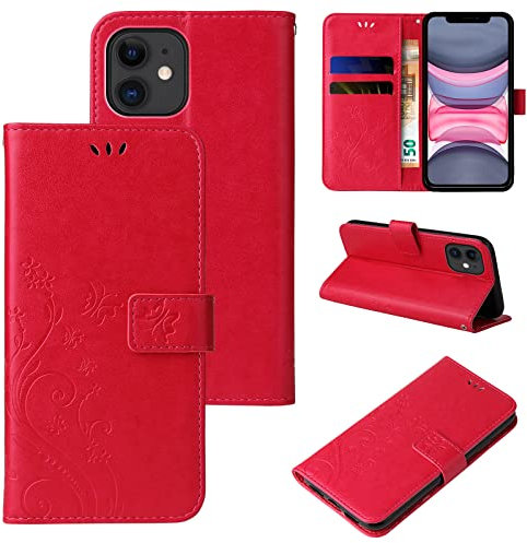 LBH Handy Hülle für Apple iPhone 11 Case Handytasche Schmetterling Blumen Flower Standfunktion Schutzhülle Magnet Rundum Schutz 360 Grad Flipcase Cover Rot