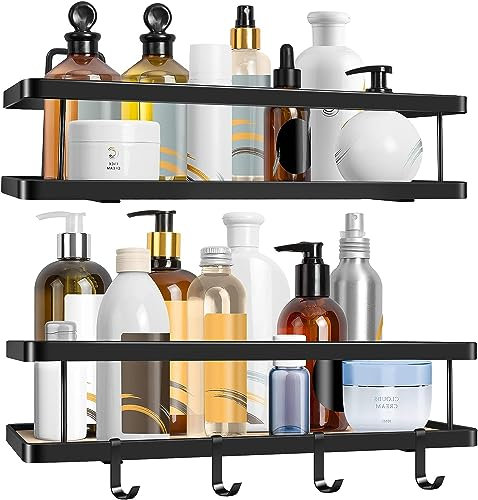 Feebee Duschablage ohne Bohren Schwarz Rostfrei 2 Stück, Duschregal ohne Bohren Selbstklebend mit Natural Bambusbrett, Badezimmer Regal mit 4 Haken für Shampoo und Duschgel