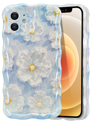 EYZUTAK Handyhülle für iPhone 12,Bunte Vintage Ölgemälde Blume Lockiges Wellen Rahmenform Weiche TPU Case,Mode Langlebige Hülle mit Laserblume Ultra Dünne Stoßfeste Schutzhülle für Frauen Mädchen-Blau