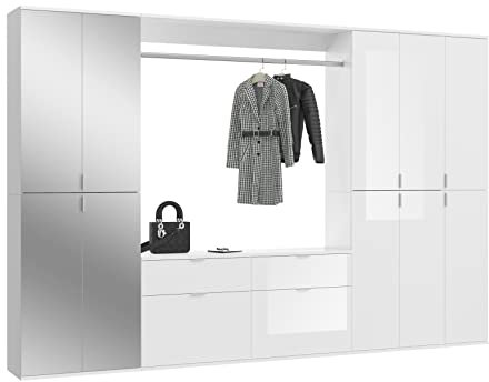 xonox.home Systemmöbel Projekt X 4tlg. Kombination Garderobe Ankleidezimmer Schranklösung Büro Ordnungssystem in Front weiß Hochglanz/Spiegel Korpus weiß Nb., ca.273x193x34cm