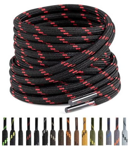 Puzeam 2 Pares Cordones Redondos para Botas, 4.5 mm Cordones Resistentes para Zapatillas de Montaña, Zapatos de Senderismo, Calzado de Seguridad Negro Rojo 130 cm