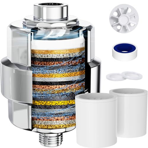 EMBATHER - Filtro doccia a 20 stadi per acqua dura, rimuove cloro/fluoruro/metalli pesanti, filtro addolcitore doccia ad alto rendimento per capelli, 2 cartucce, cromato lucido