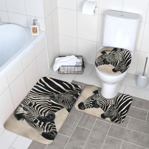 EVANEM Badezimmerteppich-Set, 3-teilig, Badteppiche für Badezimmer, wildes Zebra, rutschfeste Badteppiche, WC-Vorleger für Badezimmer, Plüsch-Badematte, saugfähig, Duschvorleger für Schlafzimmer,