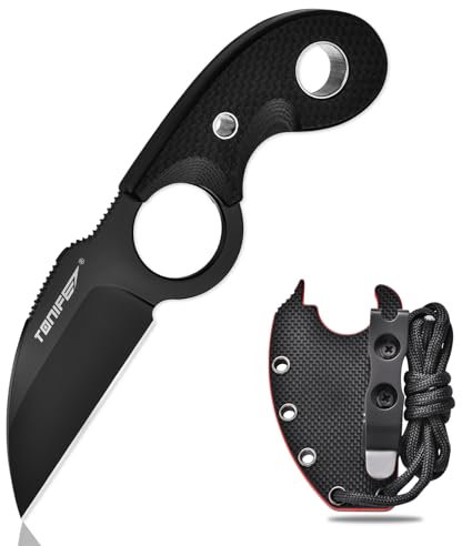 TONIFE Crescent Neck Knife Outdoor Messer Feststehende Klinge aus 8Cr14MoV-Stahl mit Scheide Lanyard und Clip Full Tang Messer Überlebensmesser (Schwarz+Schwarz Titan)