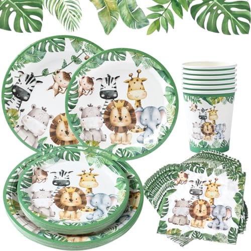 96 Piezas Safari Platos y Vasos Para Cumpleaños, Jungle Animals Party Vajilla, Vajilla Cumpleaños Infantil, Cubiertos Desechables, para Baby Shower, Fiesta Cumpleaños, Aniversario(24 Invitados)