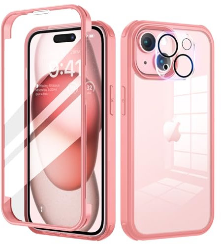 seacosmo for iPhone 15 Case 6.1 Inch, Full-Body Shockproof Case with Built-in Glass Screen Protector and Camera Lens Protector Rubber Bumper Phone Case Cover for iPhone 15 2023- Pink/Clear