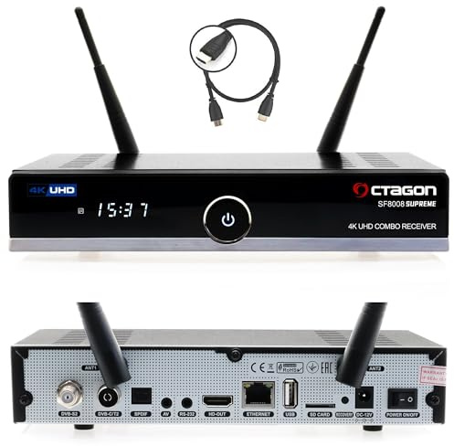 Octagon SF8008 UHD 4K Supreme Combo + 4TB Festplatte INTERN, Sat- Kabel- & DVB-T2 Receiver, E2 Linux & Define OS, mit Aufnahmefunktion, M.2 M Key, Gigabit LAN, Kartenleser, Sat to IP, WiFi