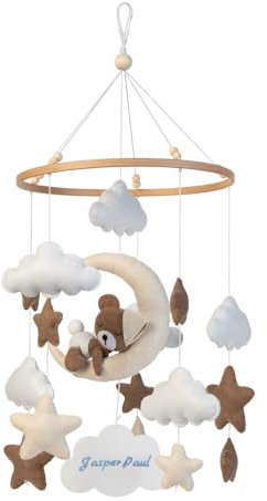 Mobile aus Filz personalisierbar mit Namen (Motiv & Stickerei wählbar) - Windspiel für Babybett, Wickeltisch, Kinderzimmerdeko - Babymobile 'Mond & Bär' - Geschenk zur Geburt
