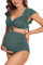 Charmo High Waist Maternity Bikini Set Ruffle Sleeve 2 Piece Pregnancy Swimwear Ribbed Swimsuit Green S