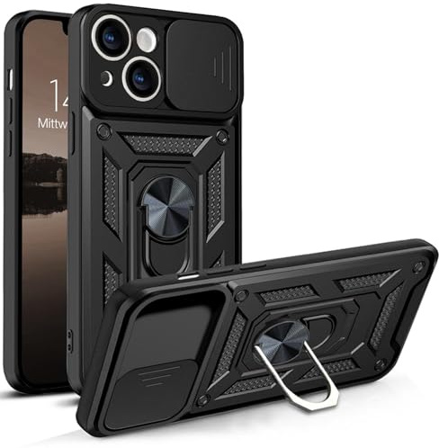 LBH Armor Hülle kompatibel mit Apple iPhone 13 Case mit Kameraschutz Outdoor Stoßfest Handyhülle 360 Grad Metal Ring Halter Ständer Schutzhülle für Handyhalterung Auto Magnet Schwarz