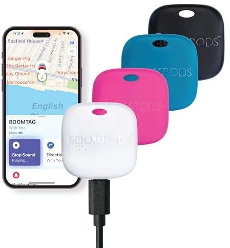 Boompods Boomtag Wiederaufladbarer Schlüsselfinder 4er Pack - Bluetooth Tracker kompatibel mit Apple Wo ist? App, Wasserdichter Key Finder, Mini GPS Ortungsgerät für Schlüssel, Taschen, Wertsachen