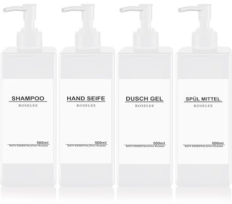 Roselee 4er Seifenspender Set, 500ml Seifenspender Dusche, Kunststoff Pumpspender mit Trichter und Wasserdichten Etiketten Shampoo Spender für Küche Badezimmer Bad Weiß