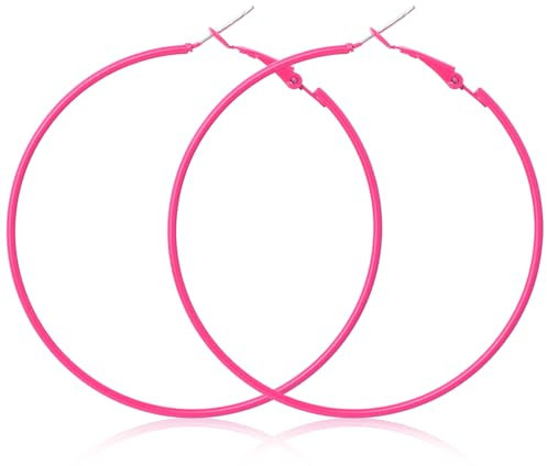 Große Neon Ohrringe Damen 6cm Vintage Creolen 80er 90er Jahre Runde Metall Hoop Earrings für Party, Halloween, Weihnachten, Mottoparty, Kostümparty (Rosa)