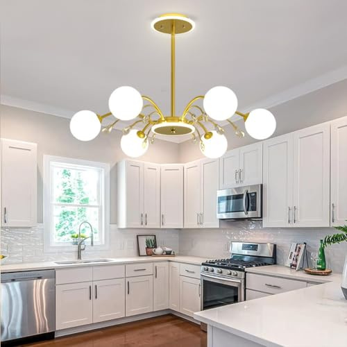 LYSDjia Sputnik Kronleuchter Gold moderne Deckenleuchte aus der Mitte des Jahrhunderts Kristalldekoration Pendelleuchte mit milchweißem Glasschirm für Wohnzimmer Küche Schlafzimmer Esszimmer und Bauer