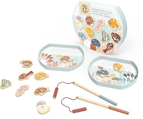 Speedy Monkey Magnetic Fishing Game, 10 Wooden Fish and 2 Rods, Kids Gift | 10 colourful wooden fish and 2 magnetic rods, FSC certified, sustainable, non-toxic and safe for kids, Toddler Toys