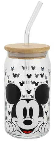 Disney Mickey Mouse Big Face - Botella de vidrio de 425.2 g con popote y tapa