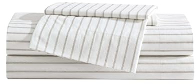 Eddie Bauer - Full Sheet Set, Cotton Percale Bedding Set, Super Soft and Cozy Home Decor, Oeko-Tex Certified (Essential Stripe Beige, Full)