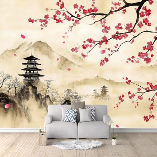 Mural Wallpaper Japanese Traditional Ink Painting Cherry Blossom 200x140 cm Wall Mural Photo Wallpaper, Non-Woven HD Art Print Fleece Wall Mural Decoration Poster, for Bedroom Living Room TV Backdrop