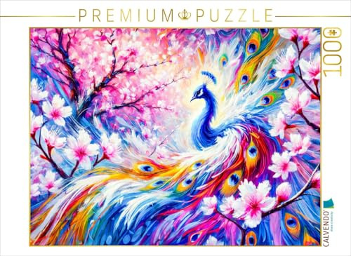 Puzzle · Abstrakter Pfau mit Pfirsichbaum in farbenfroher Ölmalerei | Ein abstrakter Pfau, elegant dargestellt neben einem blühenden… · 1000 Teile · Lege-Größe 64 × 48 cm · CALVENDO Puzzle