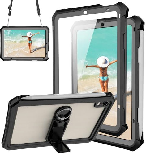 QIFJNZO Compatibile con iPad Mini 7 (A17 Pro) Mini6, per iPad Mini 7a 6a generazione, supporto integrato e pellicola protettiva, con cinghia, custodia impermeabile integrale, nero 8,3 pollici