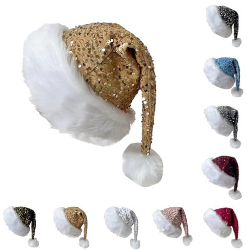 TIMIYUYU Erwachsene Weihnachtsmütze Nikolausmütze Santa Mütze Plüsch Weihnachtsmützen Pailletten Mütze Glitzer Weihnachtshut Winter Santa Cap Paillettenmütze Weihnachtsdekoration (Beige, One Size)