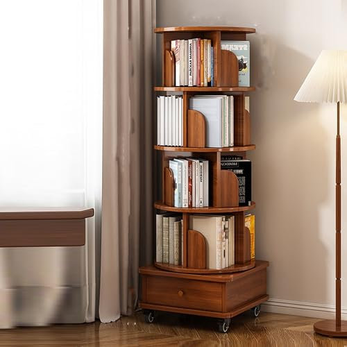 FUKEFUZ Um 360 Grad drehbares Bücherregal, mehrschichtiges offenes Eck-Bücherregal, Aufbewahrungsregal-Organizer, Vitrine, bücherschrank mit leisem Metalldrehteller, möbel für arbeitszimmer(Brown,5-LA