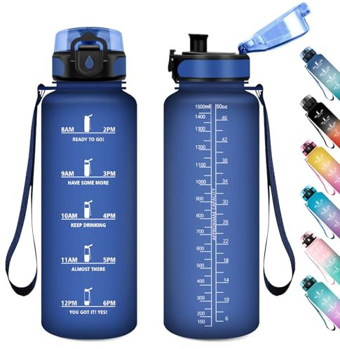 Gourde Sport 1.5L, Bouteille Reutilisable, Gourde avec Marqueur de Temps, Bouteille avec Filtre, Bouteille d'eau Étanche, sans BPA, pour Gym, Bureau, l'école, Fitness, Randonnée, Yoga, Camping