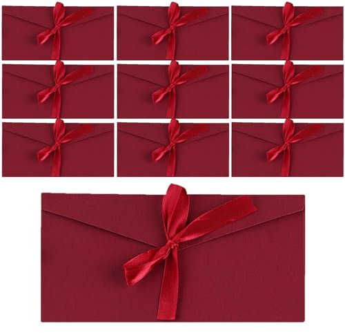 ATSNOSH 10 Stück Dunkelrot Schöne Briefumschläge, Umschläge Grußkarten, Kraftpapier Umschläge mit Schleife, Einladungsumschläge, 11x22 cm, für Weihnachten Geburtstag Valentinstag Hochzeit (Dunkelrot)