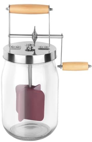 Losueeun Batteur à beurre manuel transparent + verre de 1,5 l, poignée en bois secouant manuel, fabricant de beurre en acier inoxydable