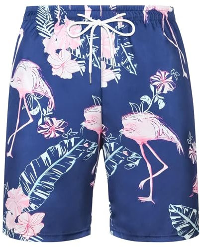 Aomig Herren Badehose Lang Hawaii Shorts Sommer Hawaii Kurze Hose Hawaiian Leichte Strandshorts mit Flamingo Blumenmuster Herren mit Kordelzug für Hawaii Mottoparty Strand Wassersport Urlaub (Blau, L)