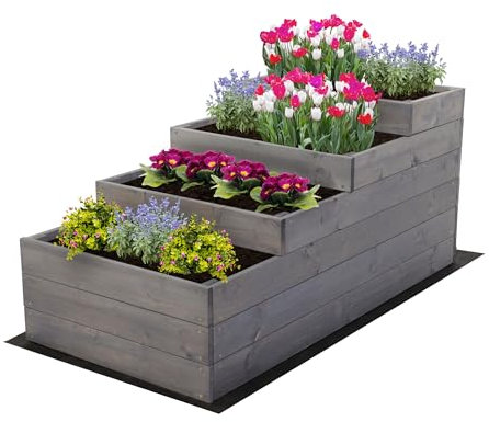 MODO24 Hochbeet Holz, 4-stufiger Pflanzkasten, Blumenkasten, Gemüsebeet, Kräuterbeet, Anzuchtset, Anzuchtkasten, mit Gartenvlies als Unterlage und Schrauben, Abmessungen 54x60x120 cm, Farbe: Grau