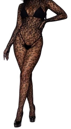 ROSVAJFY Women's Fishnet Leopard Lace Bodystocking Tights Sheer Mesh Long Sleeves Jumpsuit One-Piece Bodysuit Cut-Out Back Rave Nightclub Sexy Lingerie Costume Black XS-XL
