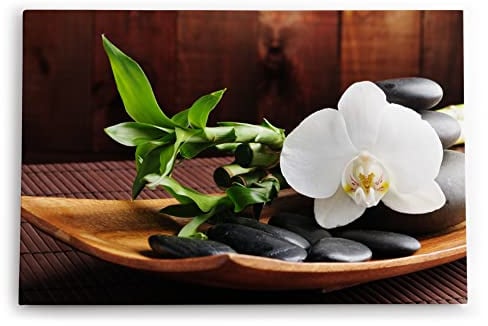 Paul Sinus Wandbild 60x40cm Dekorative Kunst Feng Shui Orchidee weiße Blüte schwarze Steine Harmonie