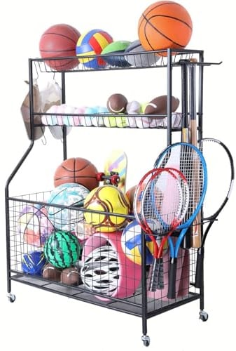 Lhysn Sportgerätelagerregal aus Kohlenstoffstahl – 2 Körbe, 2 verschließbare Räder – Stabiler Organizer für Homegym, Garage, Schulsportartikel