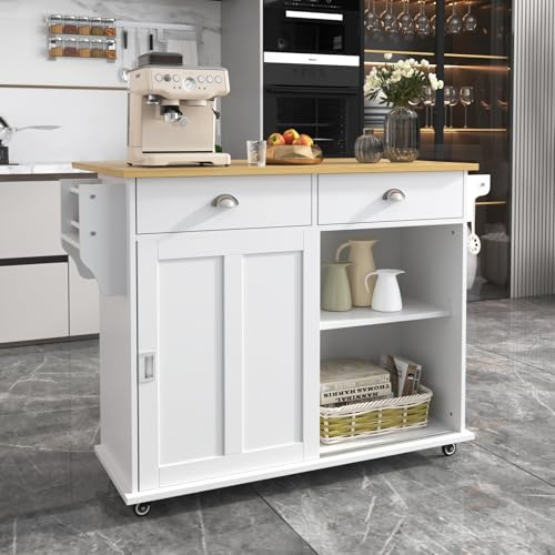 Küchenwagen mit klappbarer Arbeitsplatte, Kücheninsel mit Schubladen & Türen, Küchenschrank auf Rollen mit Handtuchhalter, Kitchen Island für Esszimmer, Küche, Weiß und Natur, 112x40(70) x94cm