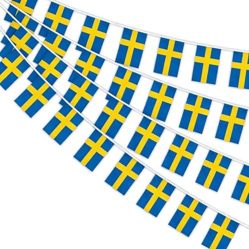 AhfuLife Schweden Wimpelkette mit 30 Klein Stück Schwedisch Flaggen, 4 Stück Beidseitig Rechteck Stoff Schweden Wimpel Fahne für WM 2026 Euro Fußballspiel Restaurant Bar Zaun Deko