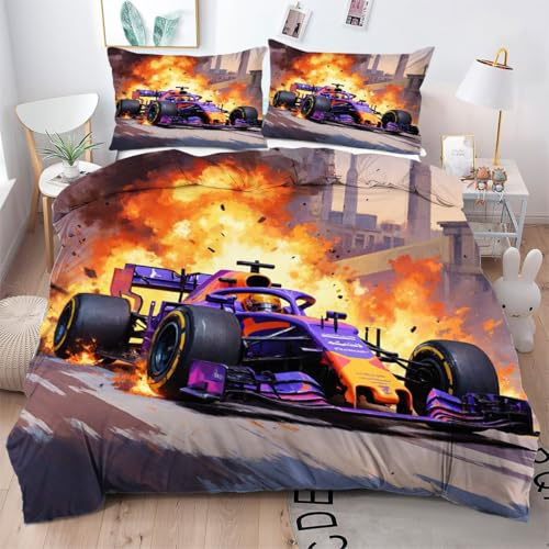 ZZXHG Bettwäsche 135x200 Mikrofaser 3teilig Cooles Sportauto, Wendemotiv Bettbezug 135 x 200 2er Set mit 80x80 cm Kissenbezug, Weiche Kinderbettwäsche für Einzelbett mit Reißverschluss_j8484
