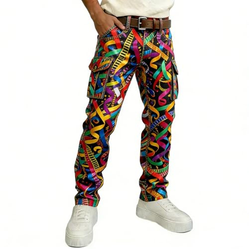 Generisch Cargohose Herren Jogginghose Herren Karneval Kostüm Festlich Clubwear Lustig Regenbogen Print Sporthose 3D Druck Hose Coole Streetwear Hippie Haremshosen Bunt Clown Outfit Freizeithose