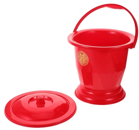 Operitacx Pot de Chambre de Mariage Chinois Rouge Portable en Plastique avec Poignée, Toilettes de Chevet Pratique pour Adultes et Personnes Âgées, Seau de Toilette Compact pour Usage