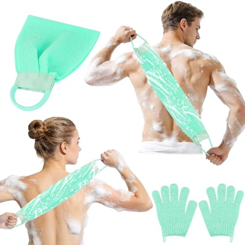 AYBUY exfolierande handske ryggskrubber set, exfolierande handske + bambufiber exfolierande skrubber svamp, duschhandskar badhandskar för kropp, dusch, avtagare, död hud, skrubber (grön)