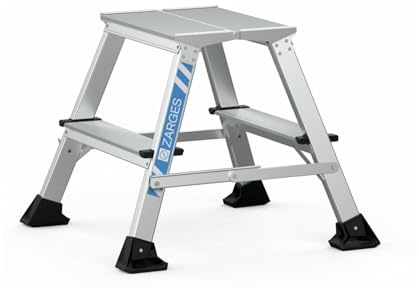Zarges klappbares Arbeitspodest XLstep P (2 x 2 Stufen, 40 x 30 cm, aus Stahl, eloxierte Holme, beidseitig begehbar, platzsparend, Ideal für Montage-, Wartungs- und Reparaturarbeiten) 40101