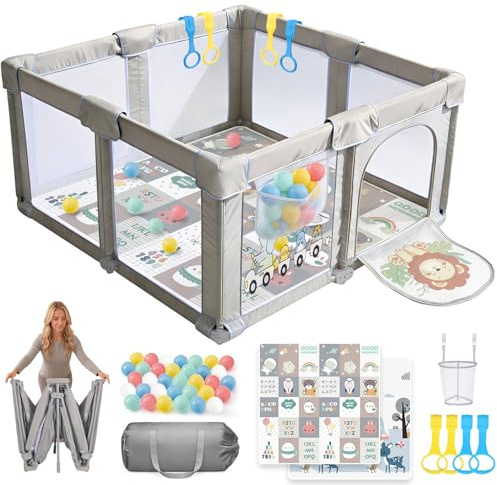 SOFTHOM Laufstall Baby Faltbar 130x130x70 mit Matratze, Tragbar Laufgitter 360° Atmungsaktivem Netz, 300D Oxford Stoff, Rutschfester Basis, Sicher Spielplatz für Kinder, Innen/Außenbereich, Löwe
