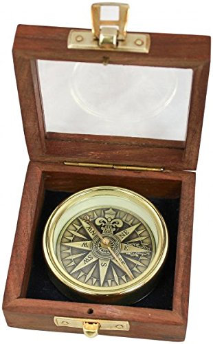 SEA-CLUB Boussole 3D rose des vents en laiton dans une boîte en bois, Ø 5,7 cm, hauteur 1,5 cm