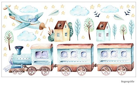 nikima - 120 Wandtattoo Zug Eisenbahn Flugzeug Sterne Wolken Aquarell - in 6 Größen - wunderschöne Kinderzimmer Sticker Aufkleber bezaubernde Wanddeko Wandbild Junge Mädchen Baby - Größe 1000 x 560 mm