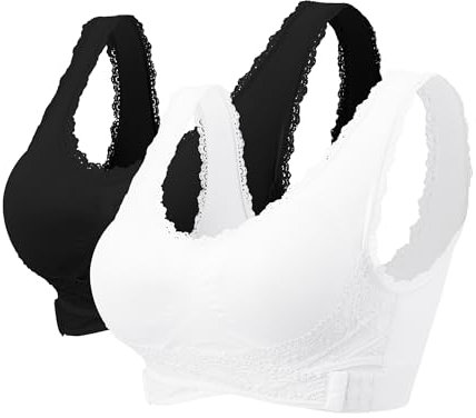Women Wireless Lace Bra - Adjustable Front Cross Side Buckle Sport Bras Seamless Comfy Wide Straps Underwear Plus Size for Leisure Yoga Running Activewear, Black+white, XL