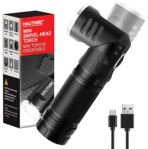 HAUTMEC Compact LED Torch USB Rechargeable 500 Lumens, Lithium Battery Included, Tactical Flashlight with Adjustable 90 Degree Head, Magnetic Tail, Waterproof HT0092