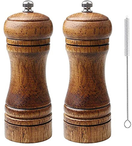 Salt and Pepper Grinder Set, Wooden Pepper Grinder Pepper Mill Glass and Stainless Steel Spice Mills with Adjustable Coarseness, 5 Inches (2 Pieces)